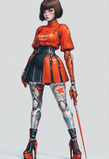 score_9,score_8_up,score_7_up,score_6_up,score_5_up,score_4_up,1 girl,solo,female focus,looking at the spectator,(Heart-shaped face, dark blue eyes, plump lips, short bob-cut dark brown hair, 5'6", 125 lbs, medium breasts, narrow waist, slender figure, a star tattoo on the ankle, pale skin, angular jawline, and slightly upturned nose.:1.3),(A red lace bra teamed with a black puffy mini skirt, completed with bold red high heels on a platform, featuring exquisite lace details and a voluminous skirt made of rich velvet fabric for a luxurious contrast.:1.3),(plain contrasting background:1.3),(full-length:1.5),hands,Perfect hand,Perfect feet,Perfect eyes,cyb0rg,science fiction,cable,mechanical parts,<lora:feet v3:1>,<lora:hand 4:1>,<lora:PerfectEyesXL:1>,zPDXL2,zPDXLpg,<lora:cyb0rgXLP:0.8>,<lora:add-detail-xl:1>,<lora:DP-Pony:1>,p33rs,<lora:incase-ilff-v3-4:0.2>,