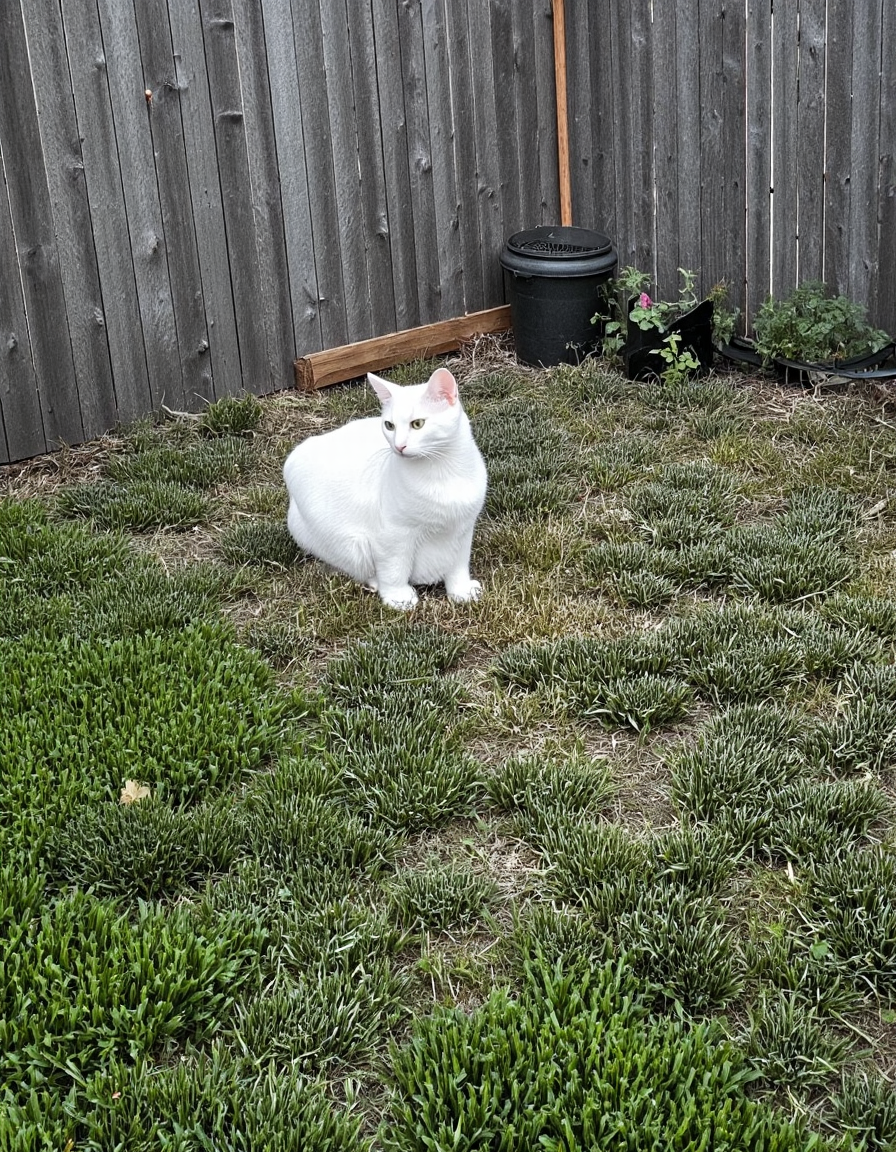 realistic photo of vanillacat, a white cat, ultra high quality, very detailed fur, sharp focus, highly detailed, <lora:uai_VanilyaCat_v102:1>, <lora:Backyard_Suburbs:1>, Backyard_Suburbs backyard background, fence, plants, buckets
