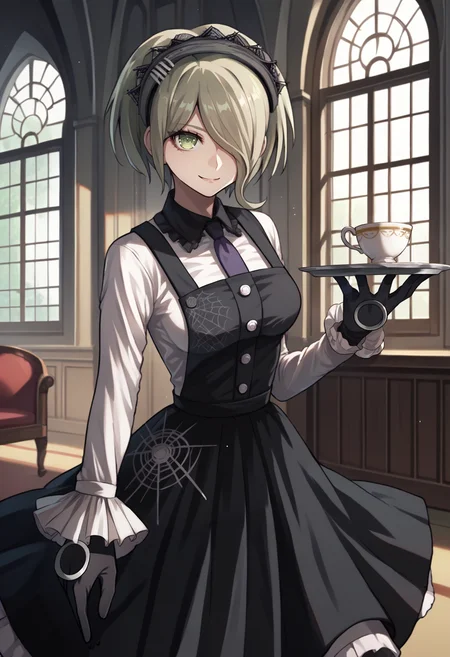 score_9, score_8_up, score_7_up, source_anime, BREAK 1girl, cowboy shot, looking at viewer, smile, holding tray, teacup, <lora:KirumiDR-pdxl:1> defKirumi, short hair, hair over one eye, maid headdress, pinafore dress, white shirt, long sleeves, purple necktie, black gloves, black pantyhose, large breasts, indoors, mansion, window