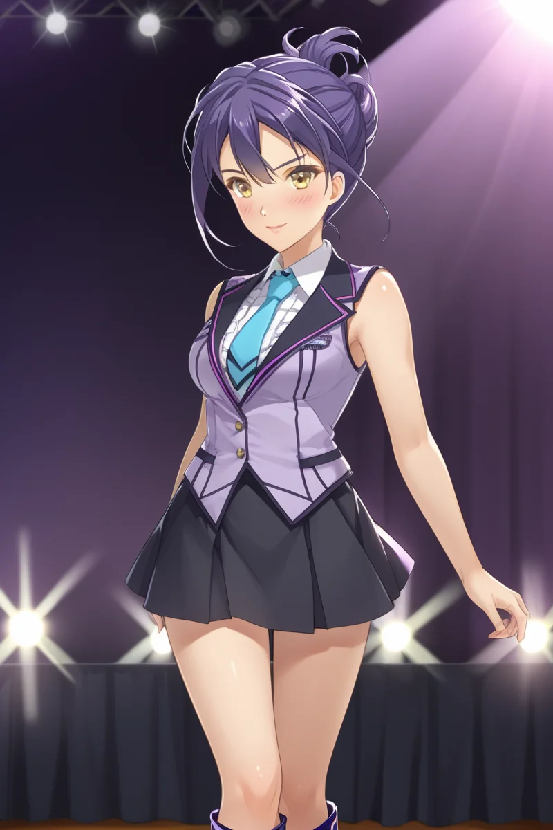 <lora:Ibuki_Natsume_IC_Pony:1>ibuki natsume, idol oufit, 1girl, solo, breasts, looking at viewer, blush, skirt, stage, spotlight, standing, yellow eyes, purple hair, boots, necktie, sleeveless, black skirt, hair bun, single hair bun, blue necktie sexy pose, cowboy shot, adorable, sleeveless jacket