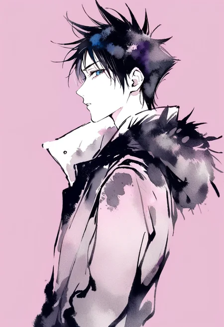 masterpiece, best quality,<lora:inkXL_ANI31_lokr_V43P1:0.95>monochrome, watercolor, 1boy, male focus, solo, black hair, blue eyes, fushiguro megumi, looking at viewer, short hair, upper body, jacket, purple background, black jacket, simple background, parted lips, spiked hair, profile, fur trim, long sleeves, from side