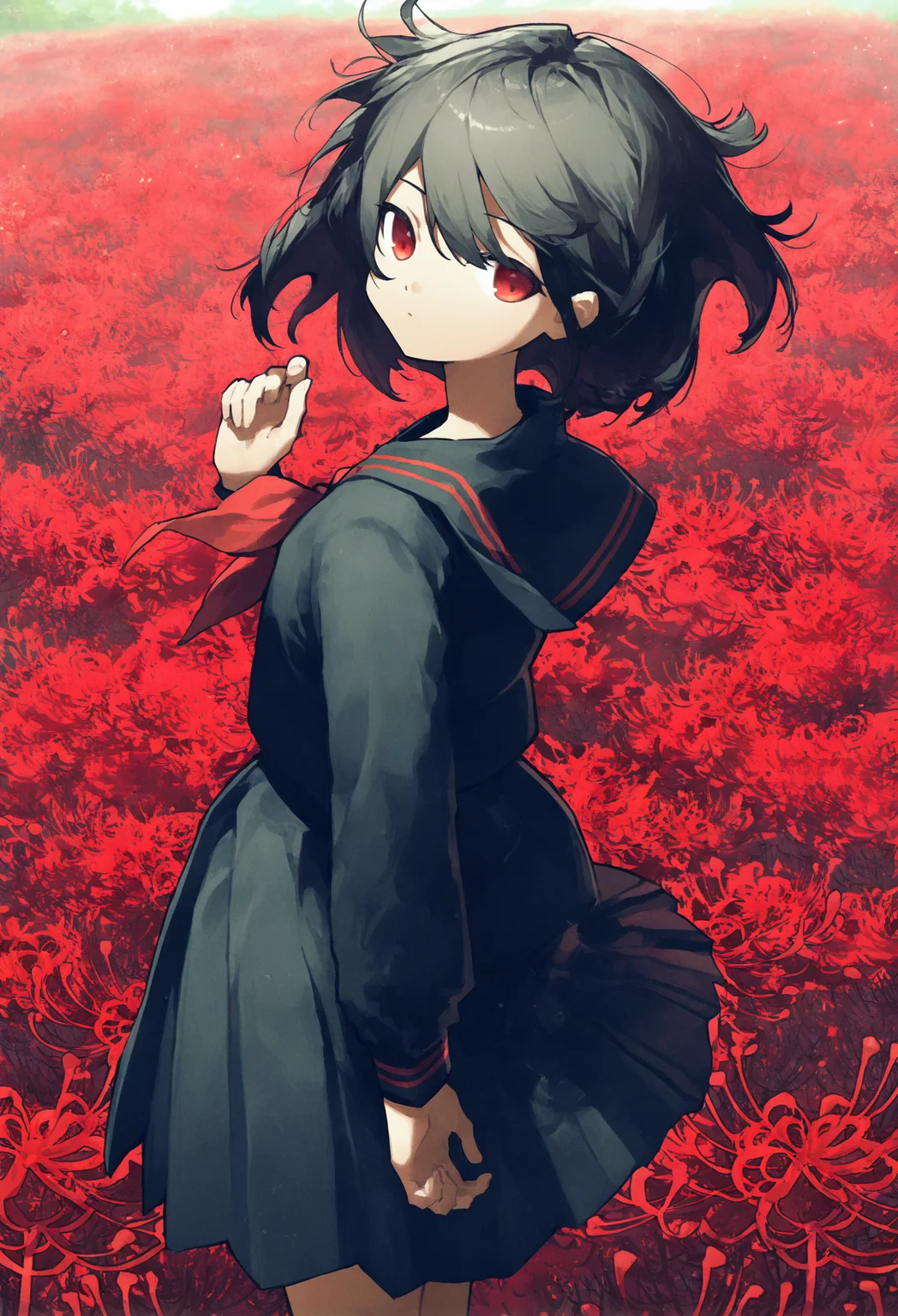 1girl,
spider lily, solo, flower, skirt, school uniform, serafuku, red flower, red eyes, short hair, looking at viewer, black skirt, long sleeves, shirt, sailor collar, pleated skirt, black serafuku, flower field, looking back, black shirt, black hair, neckerchief, black sailor collar, closed mouth, red neckerchief, standing, field, bangs, expressionless, from behind, cowboy shot, arm at side, outdoors, hand up, miniskirt, wind, day,
.
masterpiece, best quality, very aesthetic, absurdres
<lora:potgfornoob:0.95>