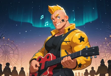 mbtiesfp, 1boy, blonde, short hair, black star on face,, yellow jacket, black shirt, looking at viewer, smirk, grin, happy, brawlStars, in the amusement park, pants, portrait, half body, upper body, blue eyes, shaved mohawk, source_cartoon, vector art, 2d, bara, manly, muscular, 3/4 view, night sky, aurora in the sky, snow, playing guitar, {{holding red electric guitar}}, in the concert, ((floating colorful muscial notes)), snowstorm, Side View, Pec focus, left view, warm lighting, with people walking background, {{colorful glowing musical notes}}, yellow eyebrows, yellow chin hair, facial hair, dutch angle
