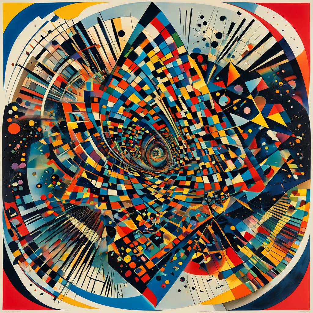 Exploding geometrical shapes in motion, Shadowy figures emerging from kaleidoscopic patterns, Flowing ink blots merging into abstract forms, Wassily Kandinsky, Ellsworth Kelly, Bridget Riley, Kaleidoscopic, Balanced, Delicate, Swirling, Expressive, Smoky, Prismatic, Layered, Dreamlike, Monumental masterpiece, best quality, absurd resolution, artabs,  <lora:artfullyABSTRACTA:1>,