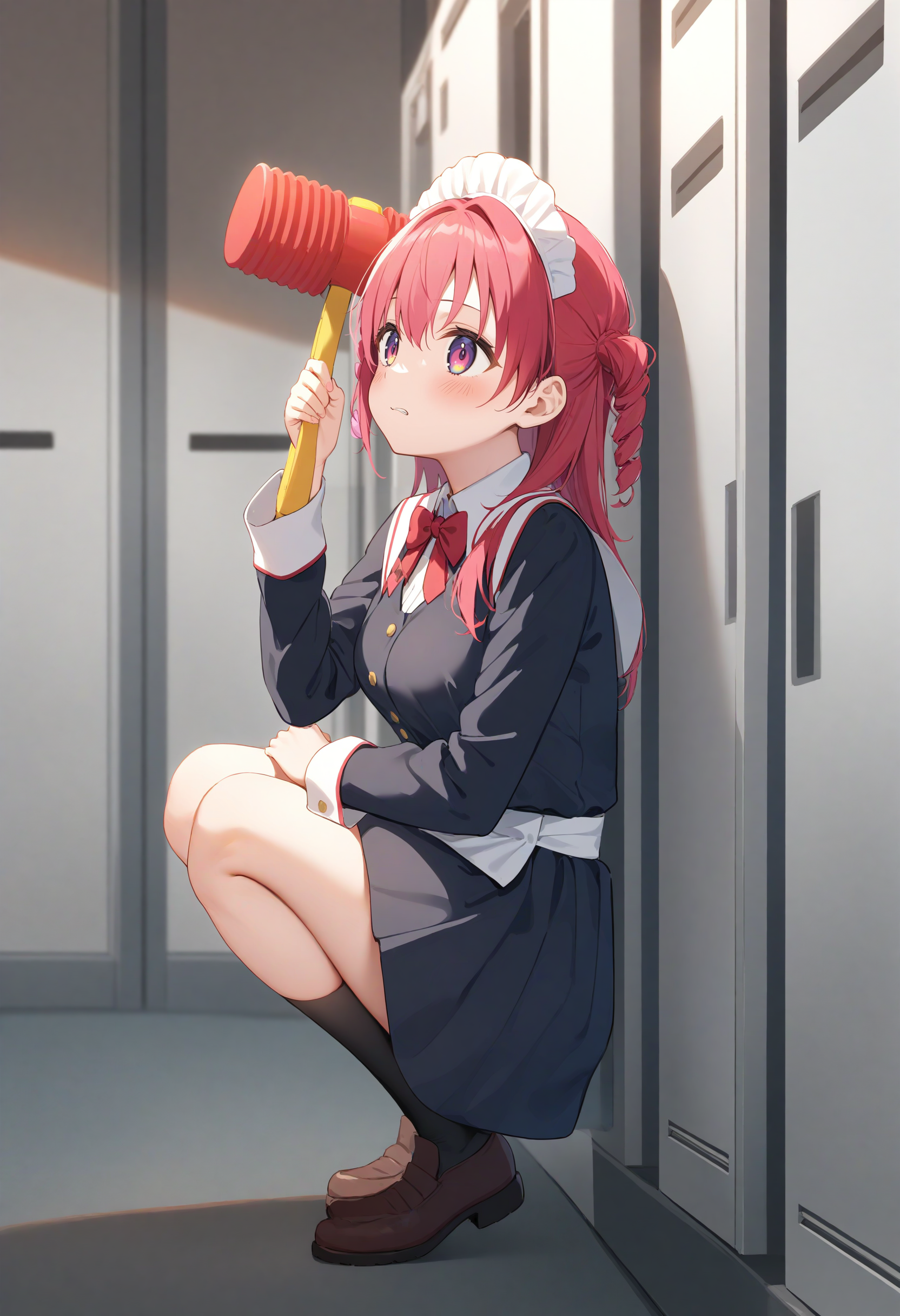 1girl,sincos, ningen mame, toosaka asagi,solo,medium breasts,20yo,maid,maid headdress,
piko piko hammer, toy hammer, holding, <lora:pikopikohammer_XL_v1:0.8>
from side, full body, looking up, pink hair, pink eyes,clenched teeth, in locker room, closed mouth, twin drills hair,,
best quality, very aesthetic, absurdres