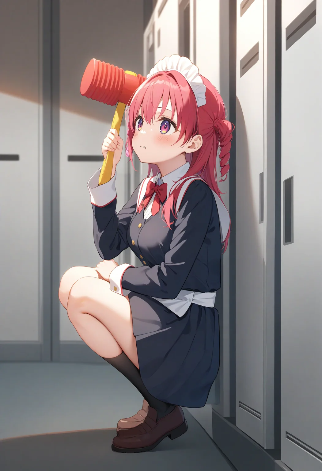 1girl,sincos, ningen mame, toosaka asagi,solo,medium breasts,20yo,maid,maid headdress,
piko piko hammer, toy hammer, holding, <lora:pikopikohammer_XL_v1:0.8>
from side, full body, looking up, pink hair, pink eyes,clenched teeth, in locker room, closed mouth, twin drills hair,,
best quality, very aesthetic, absurdres