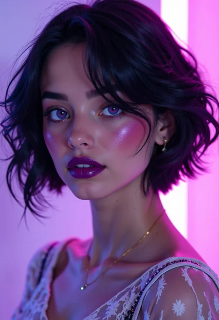 Arabian female model with short hair. the portrait was shot on a leica camera with gorgeous lighting and subtle pastel hues. the image is in 8k resolution and features heavy, dark, and prominent purple lipstick, purple eyes, magic particles, multiple references, CharacterDesignFLUX