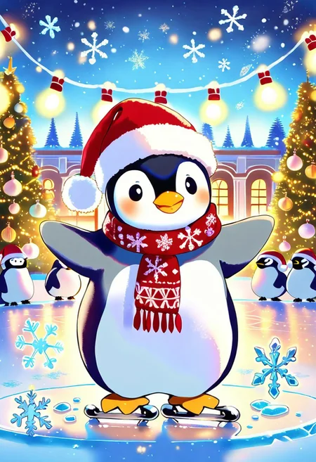 Animal Christmas, masterpiece, best quality, (Penguin in Santa hat, scarf, ice skating on ice ring), Christmas tree, snowflakes, holiday decorations, glowing lantern, candy cane, warm lights, ice backdrop, polar night, cheerful mood, no humans