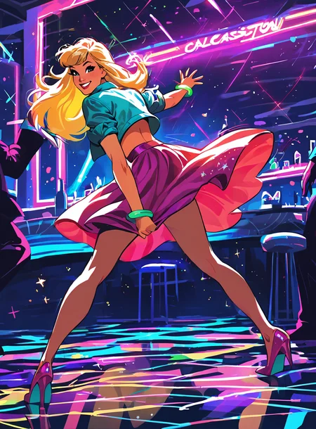 score_9, score_8_up, score_7_up, <lora:classcompxl:1>, classcompxl, vibrant color, 1girl, nightclub, dark, night, disco floor, skirt, heels, in motion, action, bangs, blonde, cute smile, pulling skirt,
