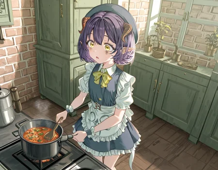 masterpiece, amazing quality, high resolution, 4ldehyde, aged down, flat chest, 1 girl, D4isy, short hair, bob haircut, brown hair, yellow eyes,devil horns , maid uniform, 1 man, V41n, 1 man, tattoo under eye, purple hair, crest tattoo, braid, hat, aristocrat uniform, girl cooking, stove top, cooking pot, fire, confused expression, man standing behind