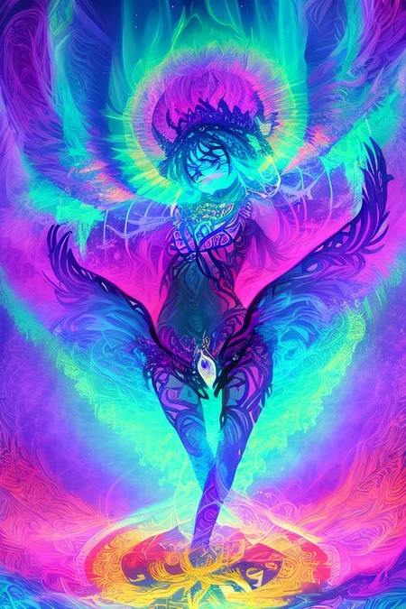 A shaman girl dances in the snow, beats a tambourine. The night sky with the aurora borealis (An image with very contrasting and vivid psychedelic colors) (OverallDetail, DaSa, psychedelic)
