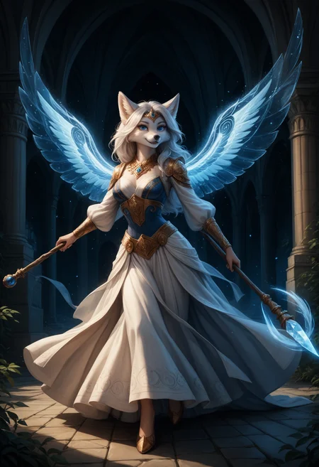 score_9, score_8_up, score_7_up, score_6_up, score_5_up, FurFemX, 1girl, fox, silver fur, glowing blue eyes, enchanted staff, arcane runes, flowing robes, celestial energy, mystical aura, floating particles, intricate details, ethereal presence, fantasy atmosphere, ancient wisdom, powerful stance