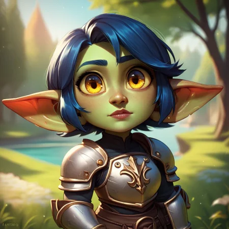(((beautiful, high quality))), upper body, score_9, score_8_up, score_7_up, solo,
Goblin, shortstack, short stature, pointed ears, 1girl, medium blue hair, big eyes, yellow eyes, green skin, fantasy armor,
outdoor, fantasy background, nature, blurred background,