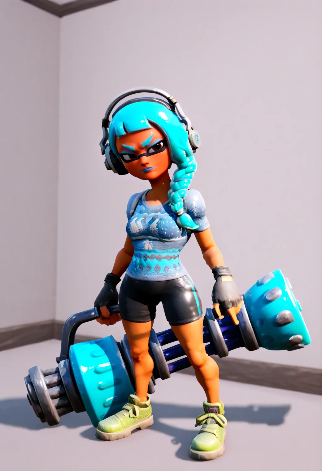 IllustriousQual <lora:StS-Illustrious-Detail-Slider-v1.0:2> <lora:cfg_scale_boost:0.3> <lora:Frozen_Nog_Ops_IL:1> FrozenNogOpsIL, dark skin, dark-skinned female, black hair, grey ponytail, braided hair, brown eyes, blue eyeshadow, blue lipstick, fingerless gloves,detailed_background,indoors,closed mouth,blue eyes,mini splatling \(splatoon\),v-shaped eyebrows,standing,nintendo,black shirt,blush,striped shirt,inkling girl,solo,disruptor \(splatoon\),black shorts,tentacle hair,looking at viewer,:t,full body,behind-the-head headphones,shirt,inkling player character,bike shorts,green footwear,shoes,aqua hair,short sleeves,splatoon \(series\),1girl,sneakers,twintails,inkling,splatoon 1,nichaku,very long hair,striped clothes,shorts,long hair,headphones
