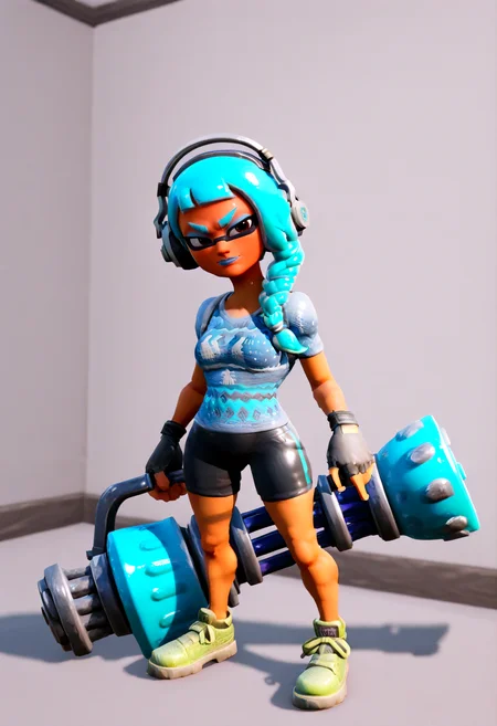 IllustriousQual <lora:StS-Illustrious-Detail-Slider-v1.0:2> <lora:cfg_scale_boost:0.3> <lora:Frozen_Nog_Ops_IL:1> FrozenNogOpsIL, dark skin, dark-skinned female, black hair, grey ponytail, braided hair, brown eyes, blue eyeshadow, blue lipstick, fingerless gloves,detailed_background,indoors,closed mouth,blue eyes,mini splatling \(splatoon\),v-shaped eyebrows,standing,nintendo,black shirt,blush,striped shirt,inkling girl,solo,disruptor \(splatoon\),black shorts,tentacle hair,looking at viewer,:t,full body,behind-the-head headphones,shirt,inkling player character,bike shorts,green footwear,shoes,aqua hair,short sleeves,splatoon \(series\),1girl,sneakers,twintails,inkling,splatoon 1,nichaku,very long hair,striped clothes,shorts,long hair,headphones