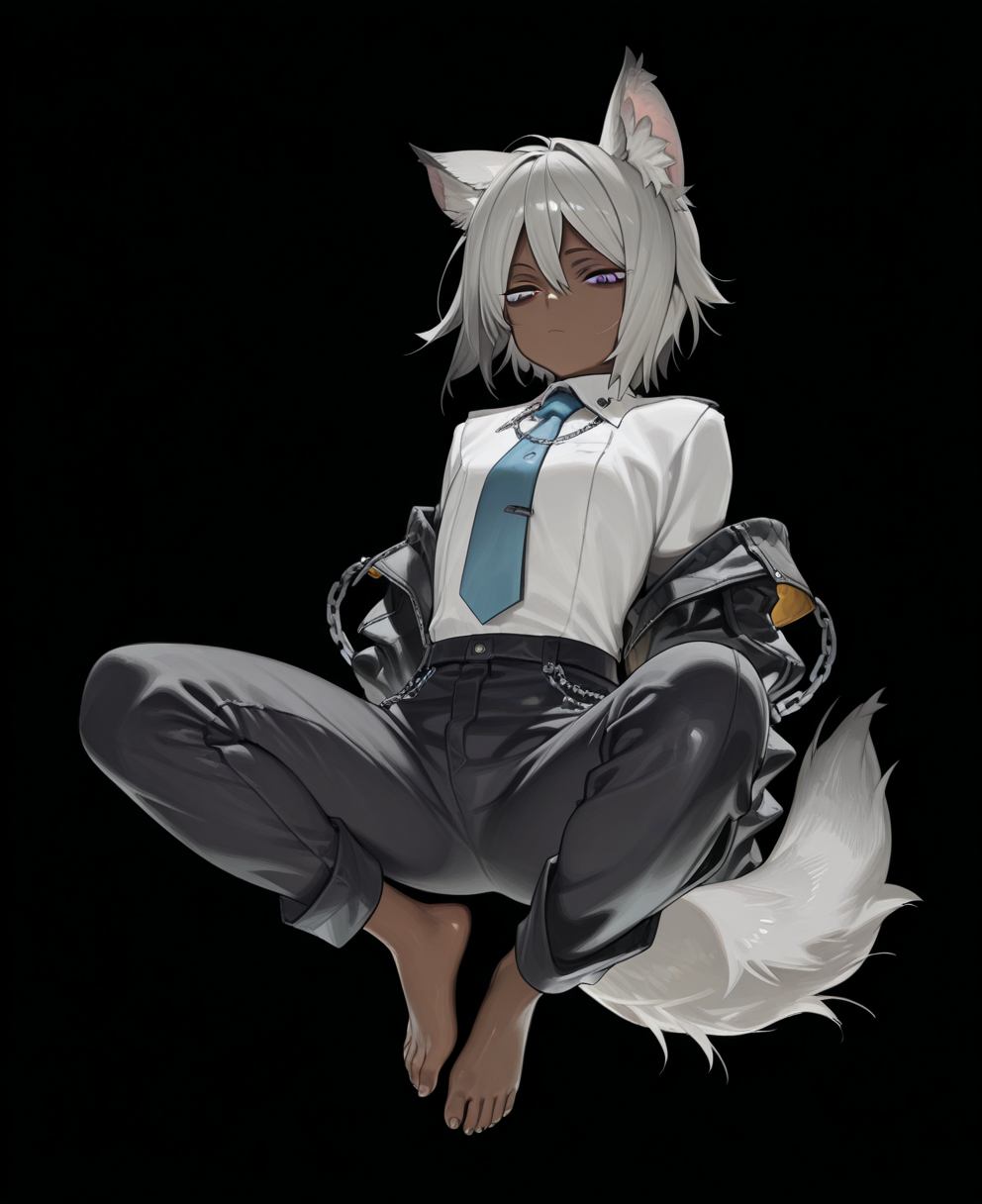 <lora:amrkdrw:1> amrkdrw,
(masterpiece), (best quality), (ultra-detailed), amazing quality, very aesthetic, illustration, perfect composition, intricate details, absurdres, incredibly absurdres, shiny skin, realistic,
 amrkdrw, solo, simple background, chain, blue necktie, 1girl, black , pants, purple eyes, dark skin, necktie, animal ears, skinned female, shirt, no humans, tail, looking at viewer, grey hair, black background, hair between eyes, white shirt, black pants, , jacket, animal ear fluff, toe, black jacket, off shoulder, full body, general