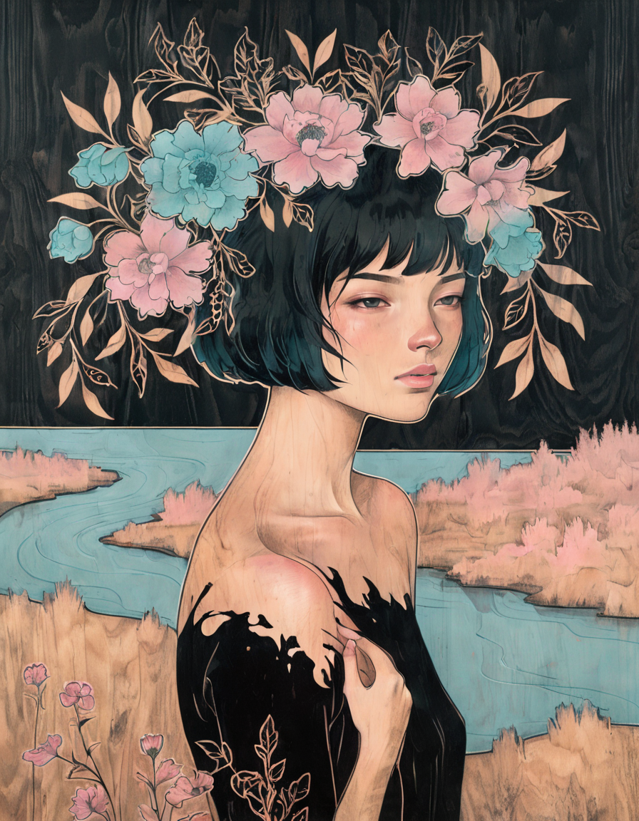 <lora:auka:0.6>auka, girl with hand on chest, short hair with bangs, view from side, river, black paint on wood background, flowers with plants, pastel pink and blue