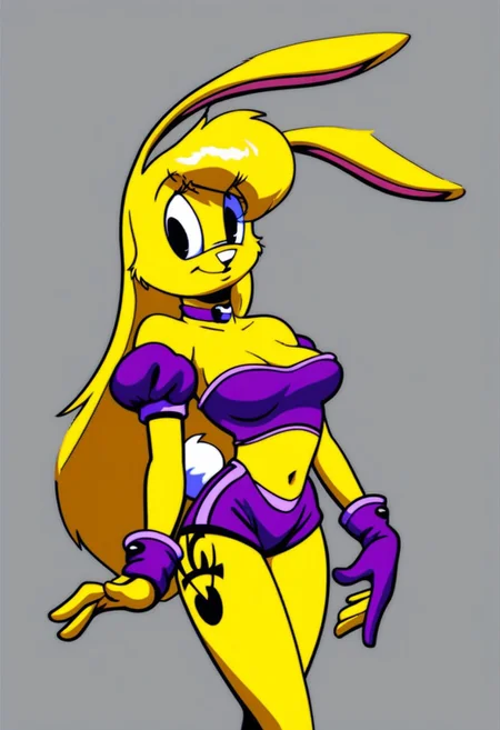 score_9, score_8_up, score_7_up, score_6_up, score_5_up, score_4_up, retro artstyle, BREAK
LoriJackRabbitPXL, rabbit girl, long blonde hair, yellow fur,1girl, solo, animal ears, puffy detached sleeves, rabbit ears, long hair, purple shorts,rabbit tail, bandeau, detached sleeves, strapless, tube top,rabbit girl, tattoo, choker,yellow hair, midriff,puffy sleeves, navel, bare shoulders, breasts, arm garter, gloves,black eyes, skirt, shorts, looking at viewer, standing, 1990s \(style\), cowboy shot
<lora:lorijackrabbit-v1:0.9>