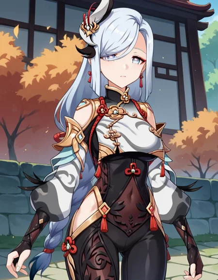 score_9, score_8_up, score_7_up, source_anime,
shenhe, <lora:genshin-shenhe-ingame-ponyxl-lora-nochekaiser:1>,
shenhe, blue eyes, braided ponytail, earrings, eyelashes, eyeliner, eyes visible through hair, eyeshadow, hair between eyes, makeup, red eyeshadow, sidelocks, single earring, symbol-shaped pupils, tassel, tassel earrings, white hair, long hair,
arm support, bare shoulders, black bodysuit, black gloves, bodysuit, breast curtain, chinese knot, clothing cutout, covered navel, detached sleeves,gloves, gold trim, hip vent, jewelry, long sleeves, partially fingerless gloves, puffy detached sleeves, puffy long sleeves, puffy sleeves, shoulder cutout, side cutout, stomach cutout, thigh cutout, white sleeves,
outdoors, shrine, forest, nature,
looking at viewer, cowboy shot, dutch angle,