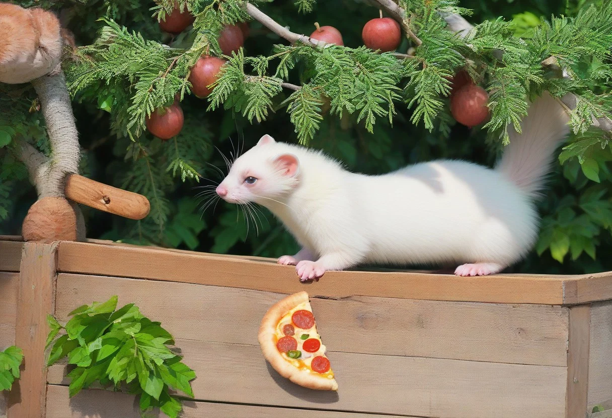 score_9, score_8_up, score_7_up, score_6_up, score_5_up, score_4_up, fur, animal weasel, g5, rich colors, front view, detailed background, detailed, 8k quality, side view, beautiful, teasing, freely actions, small, sausage tree, flying pizza like a marten, pizza, weasel, ferret,