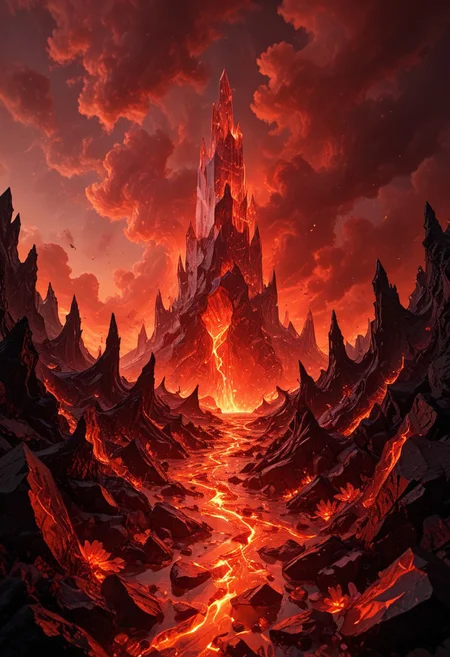 (8k landscape photography:1.2) an massive shiny crystal glass tower in an ethereal hell landscape surrounded by glowing flower crystals, a red sky,cloudy sky
