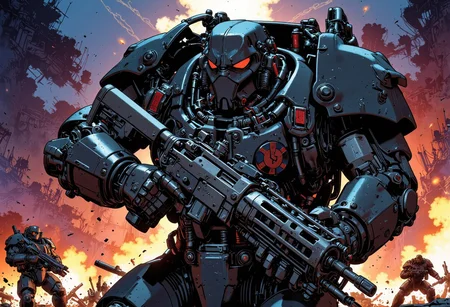 The man is a heavily armored warrior in futuristic black power armor stands confidently, wielding a massive gun with intricate details. The armor is bulky, with reinforced plating, large shoulder pads, and complex mechanical joints. The helmet has a slit like visor and built from multiple triangular metallic elements, giving the character a rugged, battle-hardened look. The gun features are visible wiring and mechanical components, emphasizing its powerful nature. The character exudes strength and resilience, with an imposing and intimidating stance. He is in a massive fight against monsters with a futuristic rifle. ultra realistic, masterpiece, high detailed skin. We are in a battlefield, explosions everywhere, soldiers fighting. It is nighttime