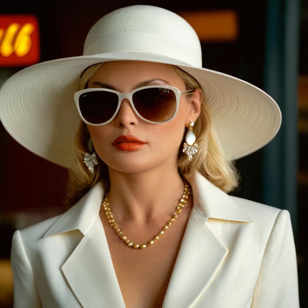 <lora:add-detail-xl:0.1>1
<lora:detailed:0.2>
<lora:perfection style:0.2>
<lora:eyetune:0.5>
<lora:xl_more_art-full_v1:0.3>
<lora:Ron Fricke style:0.3>
<lora:Unreal Engine style:0.2>
<lora:TeethXL:1>
<lora:Chiaroscuro Lighting Style:0.3>
 <lora:Scarface 1983 style:1>
In the 80's in Miami Florida Elvira Hancock a woman wearing a white hat and sunglasses,1girl,solo,blonde hair,shirt,hat,jewelry,white shirt,upper body,earrings,indoors,lips,white headwear,sunglasses,sun hat,realistic , action movie themed, sharp, detailed, epic cinematic photography, artistic, dramatic light, cinematic color style, Kodak film style, Scarface 1983 style