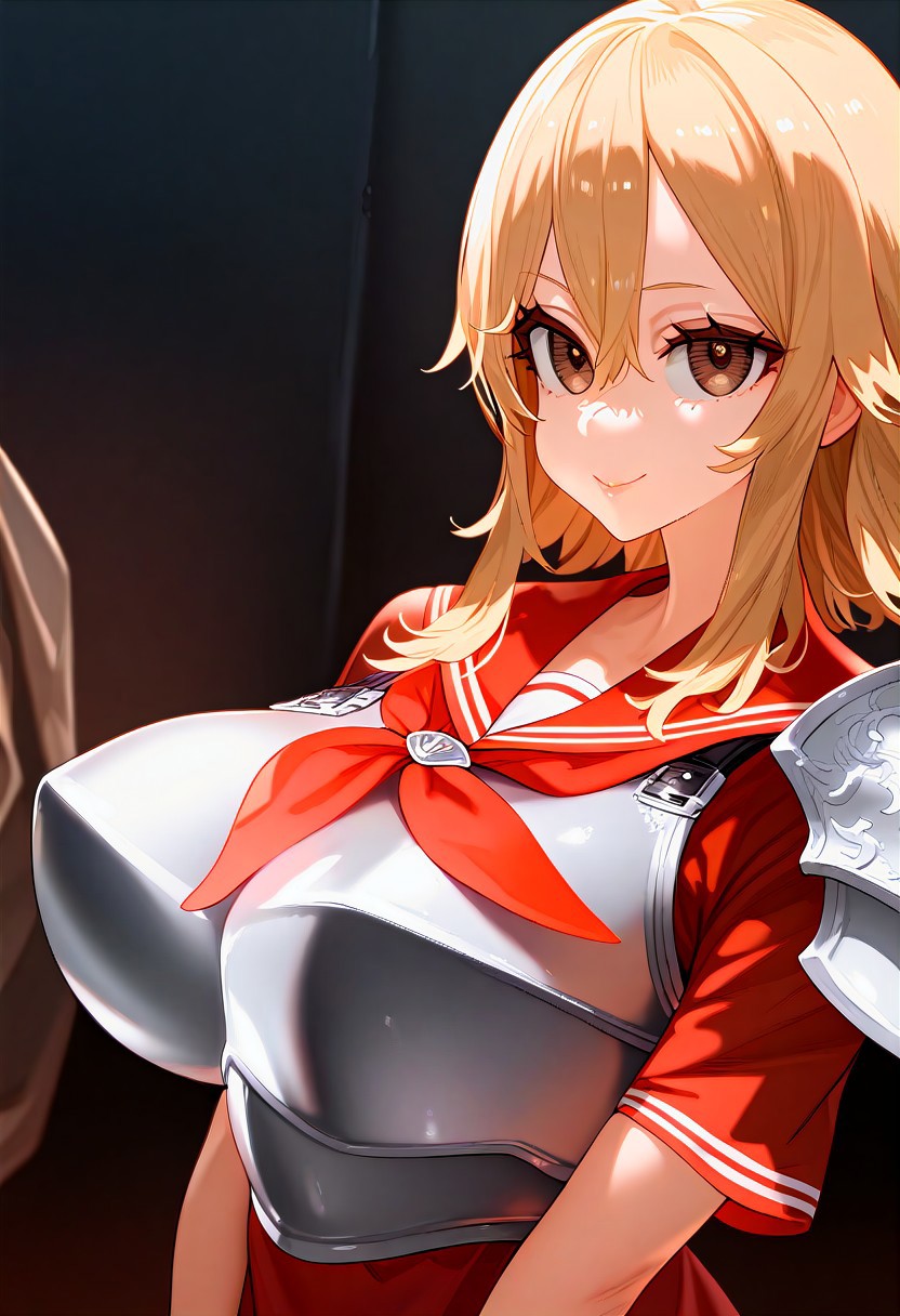 (masterpiece:1.2, best quality), (finely detailed eyes: 1.2) (ultra-detailed, hires), (detailed face, detailed eyes), (best illumination), detailed glow, high contrast, looking at viewer, solo, smile, closed mouth, 1girl, huge breasts, wide hips, thick thighs, centurii-chan, blond hair, brown eyes, hair between eyes, medium hair, fluffy hair, bangs, armor, ((breastplate)), dress, neckerchief, red neckerchief, red dress, short dress, short sleeves, shoulder armor, skindentation, (((face shot))), (masterpiece, best quality, very aesthetic, absurdres), (ultra detailed perfect piece:1.2), illustration, masterpiece, (extremely detailed CG 8k), (very fine 8K CG), <lora:add-detail-xl:-1>