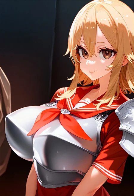 (masterpiece:1.2, best quality), (finely detailed eyes: 1.2) (ultra-detailed, hires), (detailed face, detailed eyes), (best illumination), detailed glow, high contrast, looking at viewer, solo, smile, closed mouth, 1girl, huge breasts, wide hips, thick thighs, centurii-chan, blond hair, brown eyes, hair between eyes, medium hair, fluffy hair, bangs, armor, ((breastplate)), dress, neckerchief, red neckerchief, red dress, short dress, short sleeves, shoulder armor, skindentation, (((face shot))), (masterpiece, best quality, very aesthetic, absurdres), (ultra detailed perfect piece:1.2), illustration, masterpiece, (extremely detailed CG 8k), (very fine 8K CG), <lora:add-detail-xl:-1>