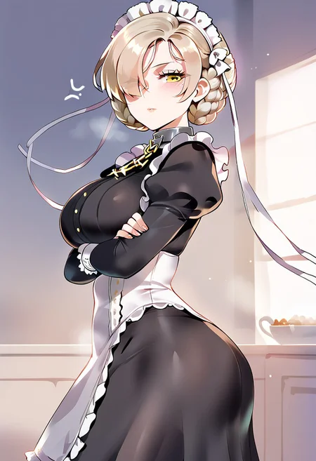 1girl, solo, indoors, standing, kitchen, cowboy shot, masterpiece, amazing quality, best quality, very aesthetic, absurdres, zPDXL3, by marushin, BREAK, sheffield \(azur lane\), maid, (mature female:1.2), tall female, large breasts, beautiful face, highly detailed faces and eyes, from side, looking at viewer, crossed arms, annoyed