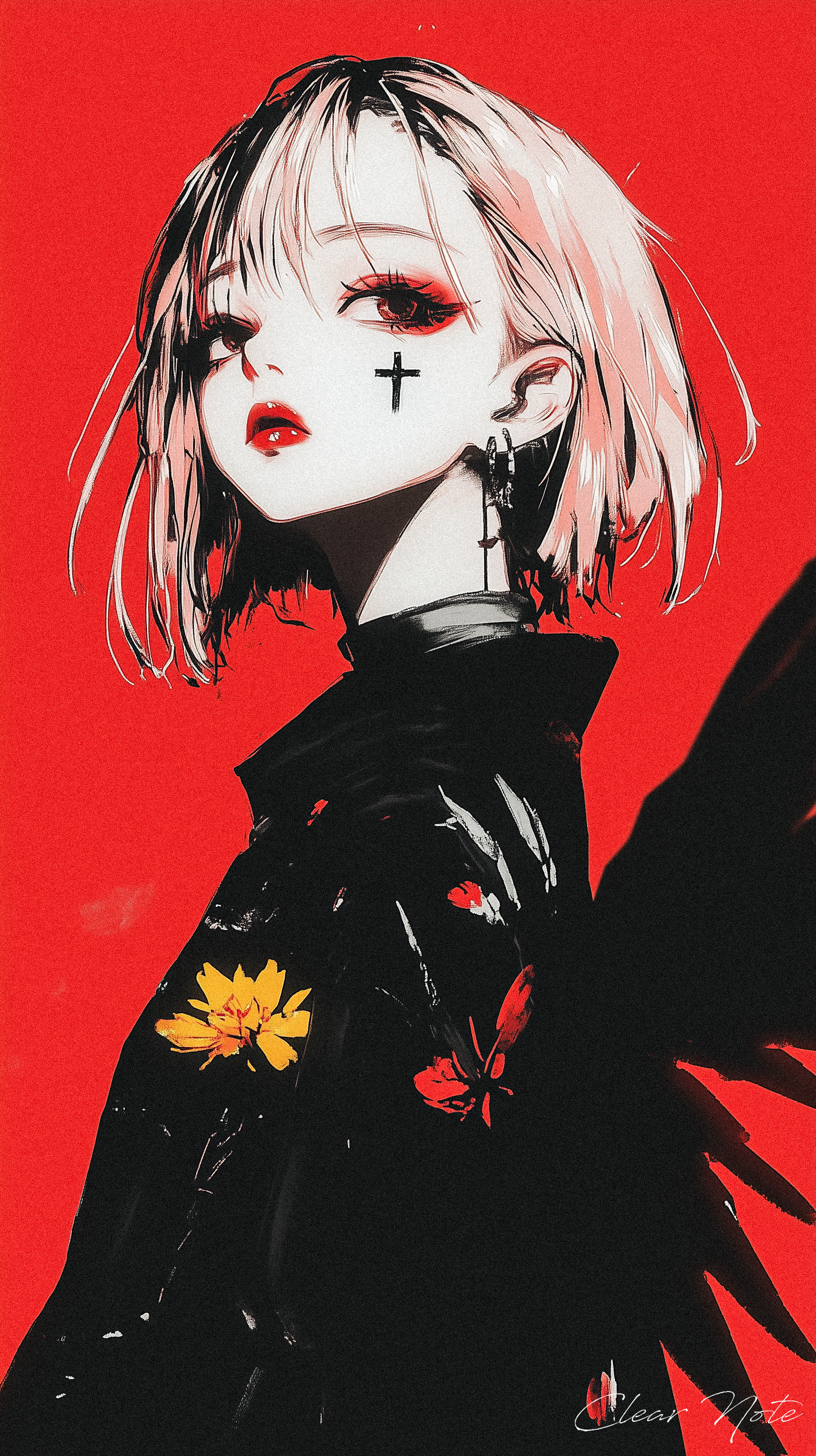 Japanese anime art style, A solitary girl stands in calm contemplation, her short pink hair framing her face. A black cross design subtly marks her cheek, adding depth to her expression. She wears a sleek black uniform, featuring delicate yellow flower embroidery that contrasts with the darkness of her attire. Dark, graceful wings extend behind her, carrying an air of quiet power. Set against a simple, serene red background, her presence is both mysterious and tranquil, radiating a sense of inner peace despite the strong, bold features that define her.