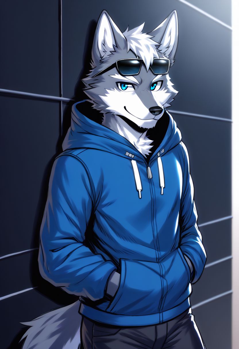 Wolf, blue eyes, (high quality, high resolution, masterpiece), solo, anime work smiling, man, slender body, key visual, bright, studio anime, high detail Milkytiger1145:0.9, author granato : 0.5,  blue eyes, blue hoodie, black jeans, solo, leaning against the wall, glasses on eyes, winter and black shades of the suit with white and blue elements, spaceship