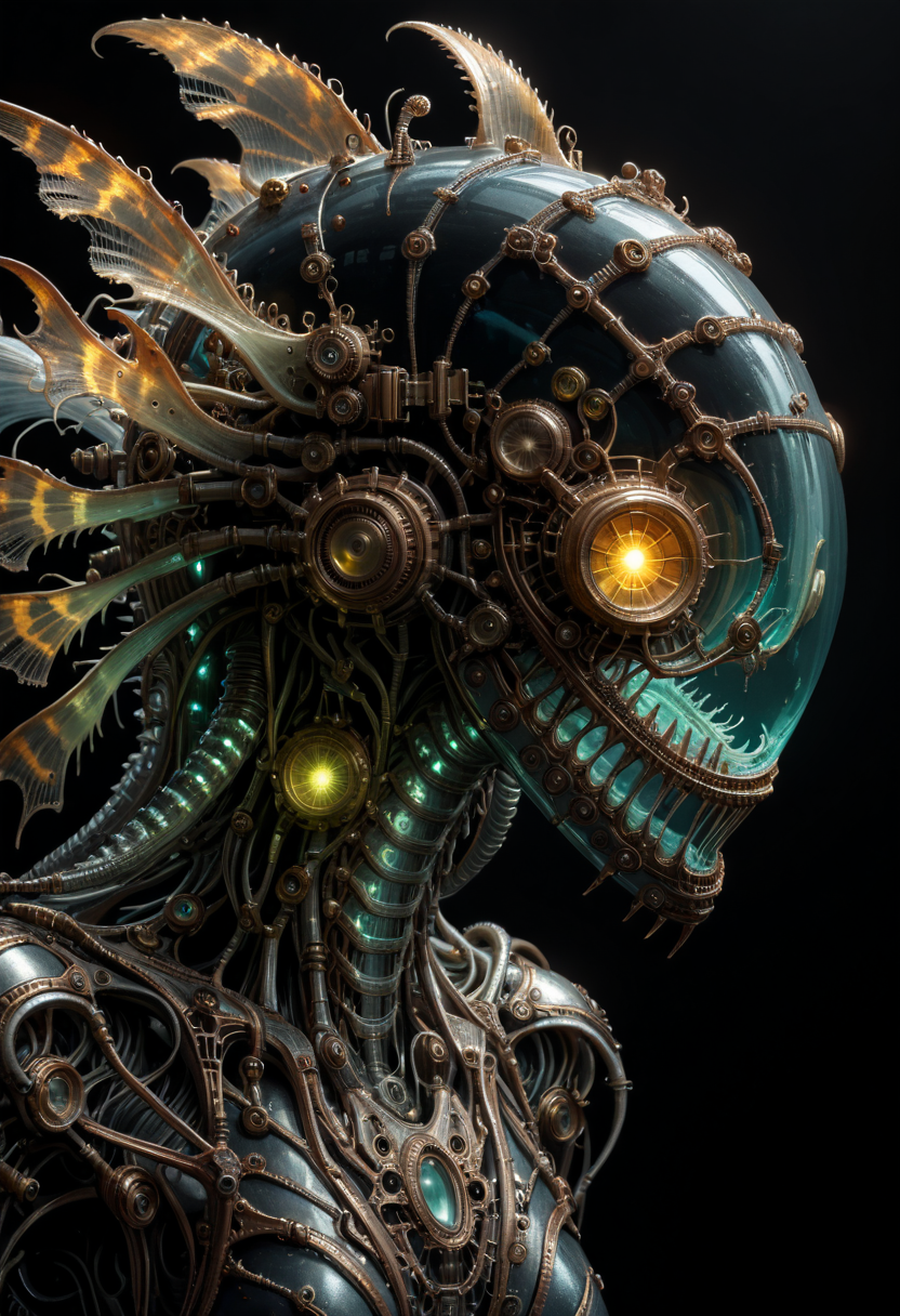 score_9, score_8_up, score_7_up, score_6_up, detailed CGI art, massive biopunk leviathan, deep-sea fish features, bio-engineered enhancements, slick scaled body, metallic implants, glowing tubes, fluorescent liquid, jagged mechanical fins, organic vents, toxic gases, eyeless face, razor-sharp teeth, bioluminescent wiring, silent movement, monstrous size, nature and biotechnology fusion, awe-inspiring, terrifying