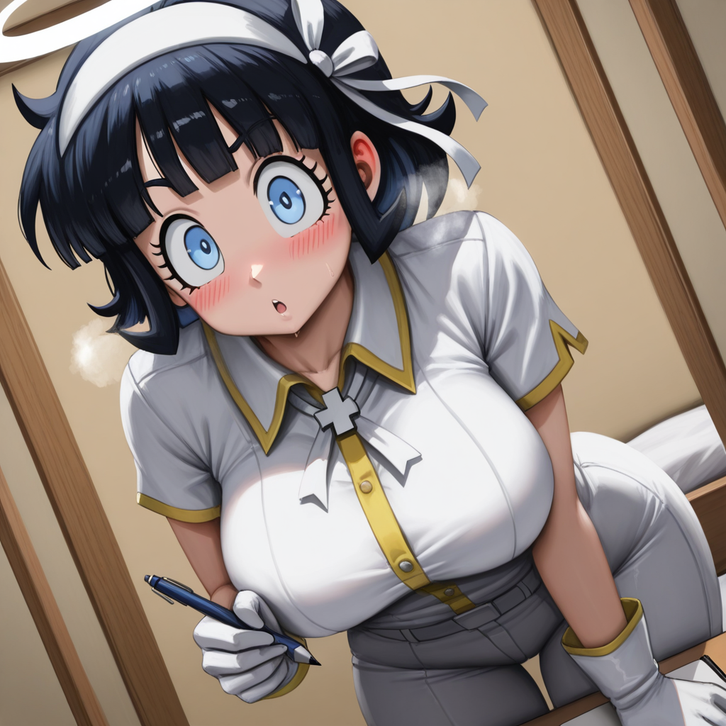 masterpiece, best quality, amazing quality,detailed eyes, hi res,Ellit3Styl3, 1girl,solo,azazel from helltaker,holding pen, holding notepad, blush,heavy breathing,breath,black hair,blush lines,looking at viewer,white shirt,collared shirt,gloves , ribbon ,white hairband,cowboy shot,halo ,dutch angle, leaning forward,bedroom