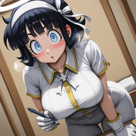 masterpiece, best quality, amazing quality,detailed eyes, hi res,Ellit3Styl3, 1girl,solo,azazel from helltaker,holding pen, holding notepad, blush,heavy breathing,breath,black hair,blush lines,looking at viewer,white shirt,collared shirt,gloves , ribbon ,white hairband,cowboy shot,halo ,dutch angle, leaning forward,bedroom