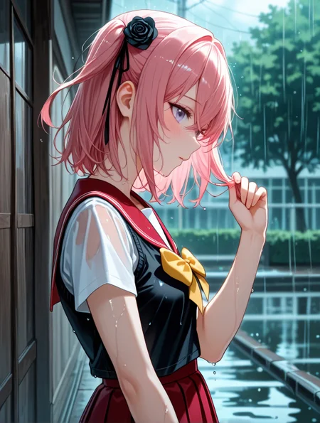 general, very awa, masterpiece, best quality, highres, absurdres, , ,eyesHD, high gradient eyes, detailed eyes, high definition eyes, 1girl, inui_sajuna, red sailor collar, solo, rain, skirt, black flower, pink hair, school uniform, red skirt, sailor collar, thighhighs, black rose, wet, flower, blurry background, hair ornament, white shirt, shirt, pleated skirt, long hair, outdoors, wet clothes, short sleeves, sweater vest, hair flower, bow, blush, black thighhighs, blurry, hair between eyes, yellow bow, looking at viewer, black sweater vest, serafuku, wet hair, wet shirt, rose, parted lips, grey eyes, hands up, standing, holding, depth of field, zettai ryouiki, breasts, collarbone, day, brown bow, small breasts, vest, two side up, crossed bangs, purple eyes, cowboy shot, one side up, closed mouth, holding hair