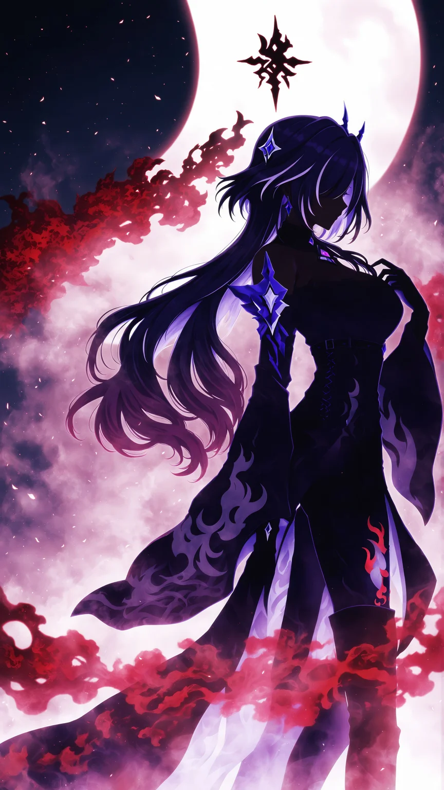masterpiece, top quality, best quality, 1girl, from side, acheron \(izumo\) \(honkai: star rail\), bare shoulder, brooch, hair ornament, earrings, made of red and white colors, dark gradient hair, silhouette, harada miyuki style, <lora:harada_miyuki_style-illustrious-v1-2:0.7>