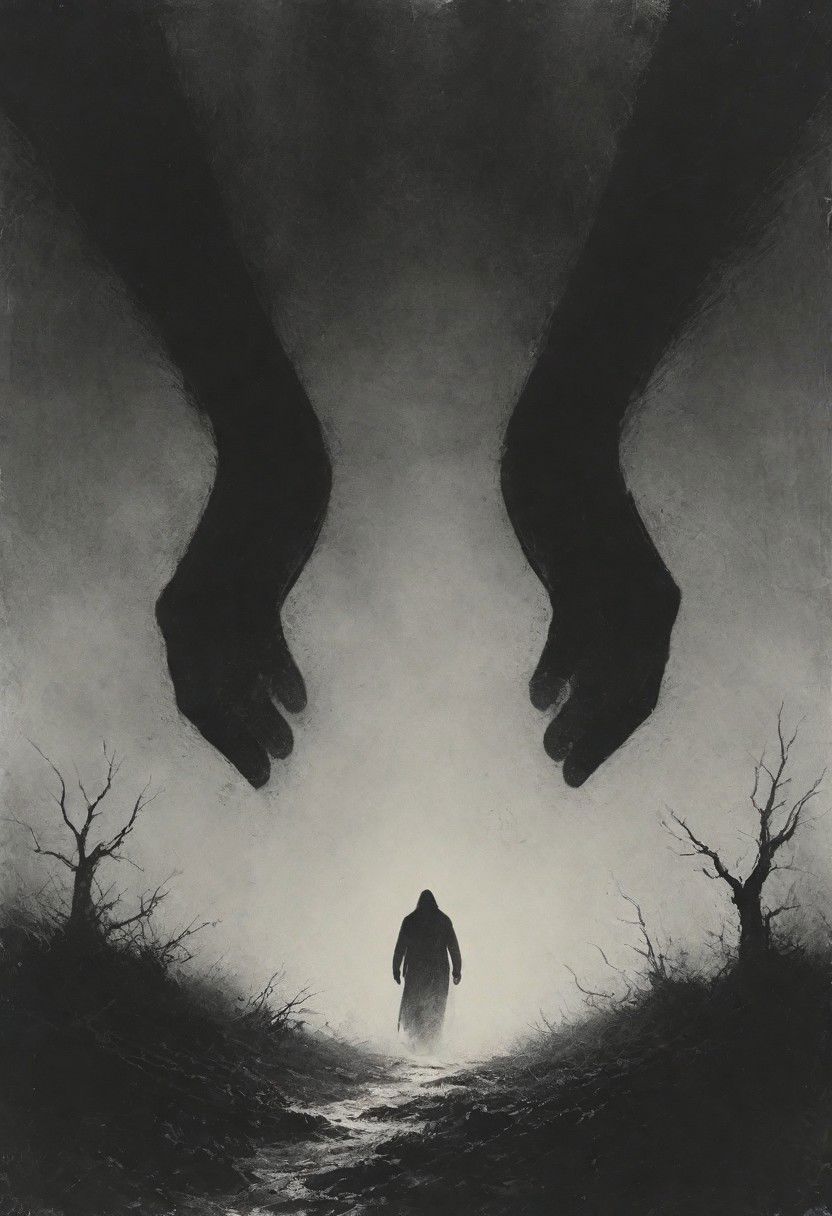 monochrome with red highlights, Winslow Homer Style, hands from above, hands from top, blood dripping from finger, Capture the eerie essence of a chilling dystopian nightmare as you focus your lens on a spooky homunculus hands from above advancing towards you in the shadowy surroundings. Freeze the spine-tingling moment that sends shivers down your spine.