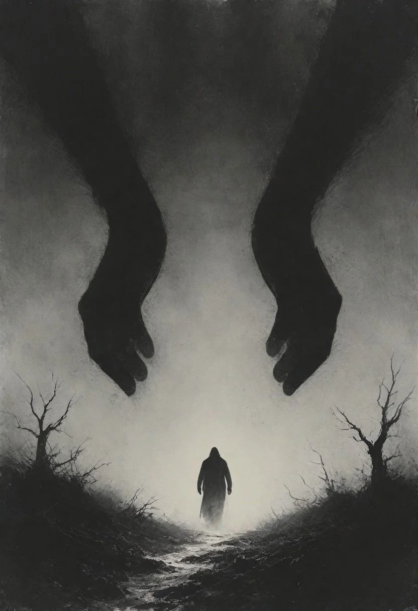 monochrome with red highlights, Winslow Homer Style, hands from above, hands from top, blood dripping from finger, Capture the eerie essence of a chilling dystopian nightmare as you focus your lens on a spooky homunculus hands from above advancing towards you in the shadowy surroundings. Freeze the spine-tingling moment that sends shivers down your spine.