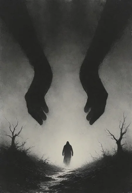 monochrome with red highlights, Winslow Homer Style, hands from above, hands from top, blood dripping from finger, Capture the eerie essence of a chilling dystopian nightmare as you focus your lens on a spooky homunculus hands from above advancing towards you in the shadowy surroundings. Freeze the spine-tingling moment that sends shivers down your spine.
