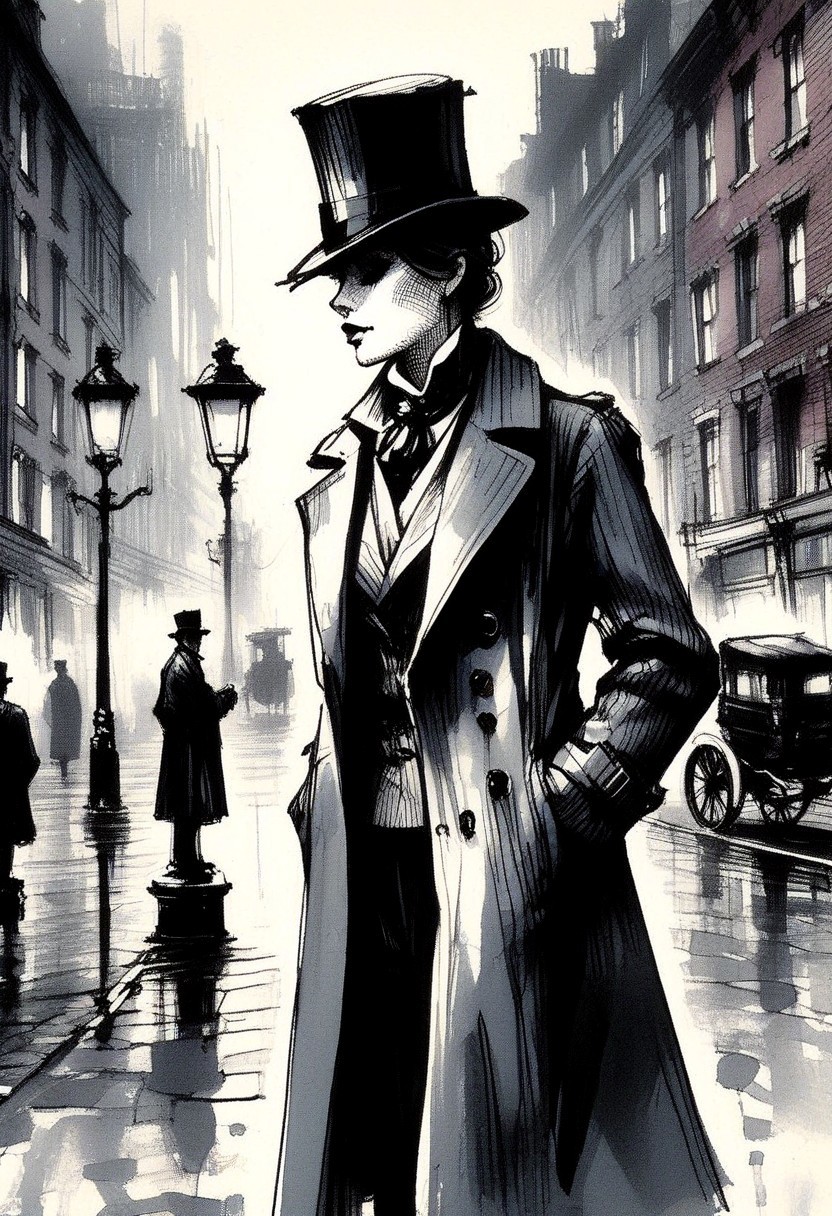 inksketch
A sharp-eyed female detective in a Victorian-era suit stands under a gas lamp, holding a magnifying glass. Cobblestone street, fog, horse-drawn carriage, top hat, trench coat, monocle, dramatic shadow, film noir.