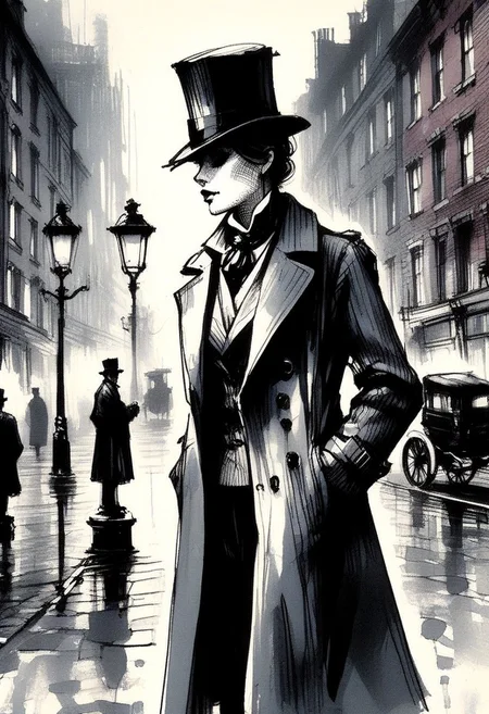 inksketch
A sharp-eyed female detective in a Victorian-era suit stands under a gas lamp, holding a magnifying glass. Cobblestone street, fog, horse-drawn carriage, top hat, trench coat, monocle, dramatic shadow, film noir.