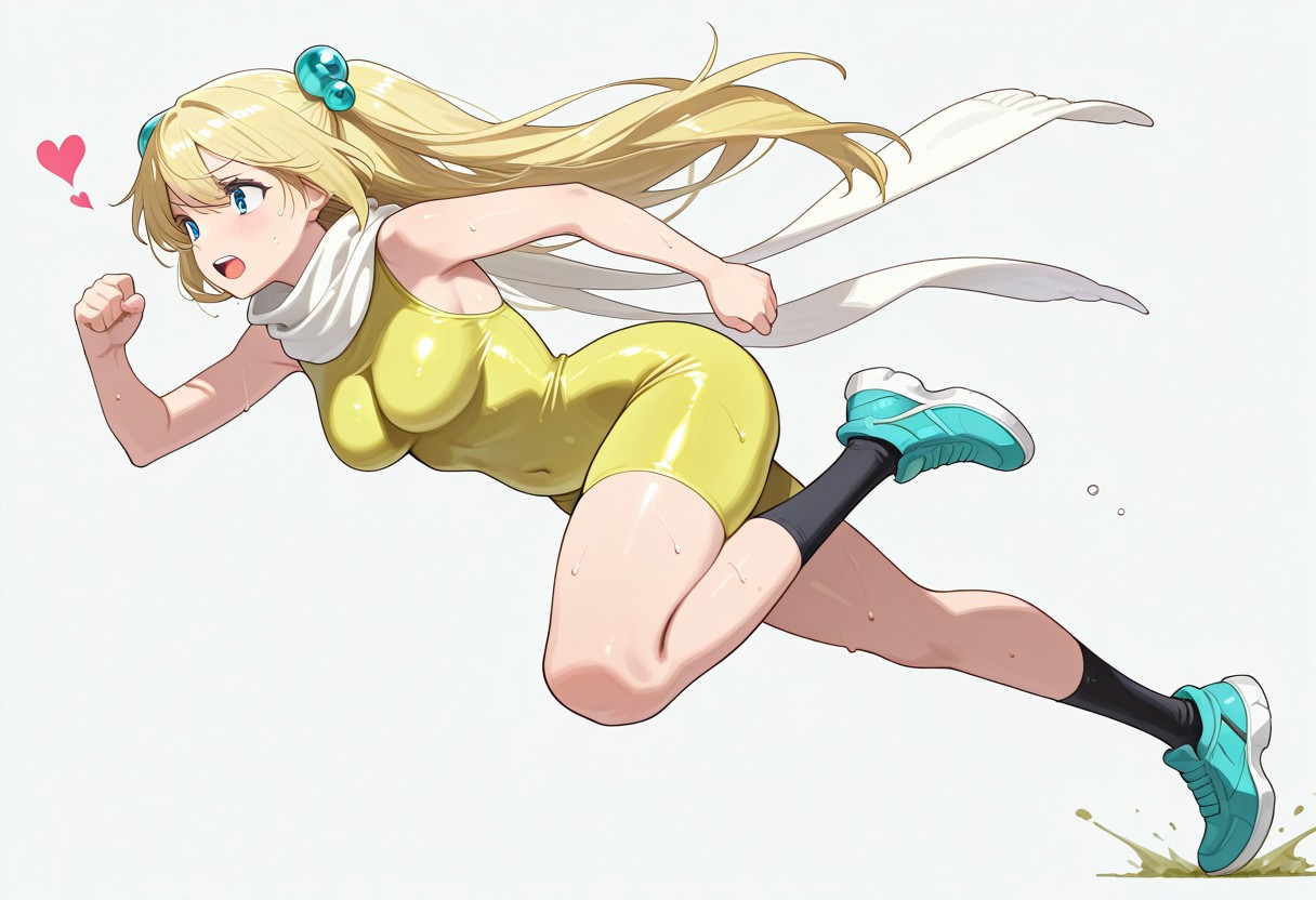 simple background,  love heart, running, sweating,
masterpiece, masterpiece, best quality, high quality, detailed, absurdres
poison gas giantess, yellow bodysuit, blond hair, white scarf, blue hair baubles, solo, 1girl, long hair, hair ornament,, blue eyes, black socks, blue shoes,