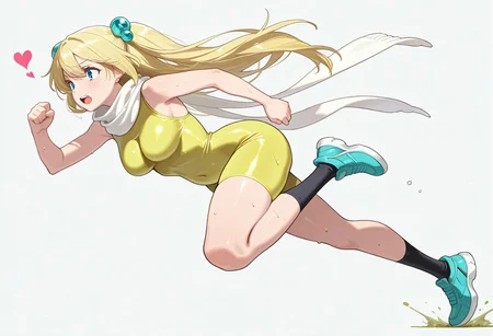simple background, love heart, running, sweating,
masterpiece, masterpiece, best quality, high quality, detailed, absurdres
poison gas giantess, yellow bodysuit, blond hair, white scarf, blue hair baubles, solo, 1girl, long hair, hair ornament,, blue eyes, black socks, blue shoes,