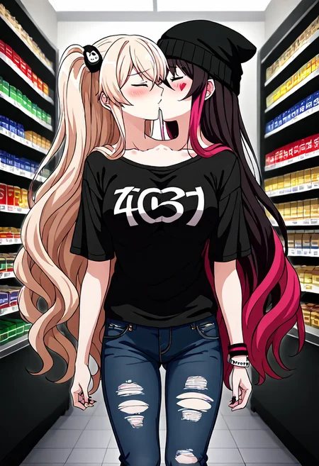 8K, HD,<lora: Two_heads_XL_anime_trained_edition_for_pony:1.1>, easynegative, conjoined, Japan anime, two heads, BREAK female, random color hair, (((short hair, very long hair, very long straight hair, wave hair, thick hair, furry hair))), pony tail, twin tails, one-side up, two-sided up, ((2 different hairstyles)), (((2 tones color of hairstyles, contrasting left and right hairstyles, separate hairstyle design for left and right sides, divided hair with left and right in different styles, split-style hair, contrasting left and right hairstyles))), (((2 tones color hair))), ((human)), anime, BREAK female, rival team color, (((2 conjoined girls from 2 different persionally))), (((((2 tone color outfit, contrasting left and right outfit, asymmetrical design with varying styles on left and right, dual-style outfit, separate outfit design for left and right sides, divided clothing with left and right in different themes))))), (((separate outfit design for left and right sides, right side Graphic t-shirt with Ripped jeans and Simple bracelet, right side Oversized hoodie with Leggings and Beanie hat))), look at each other, face to face, kissing, eyes closed, shy mood, hugging, hug, lady, girl, shopping center background, walking at the shopping center, shopping, dynamic shot angle