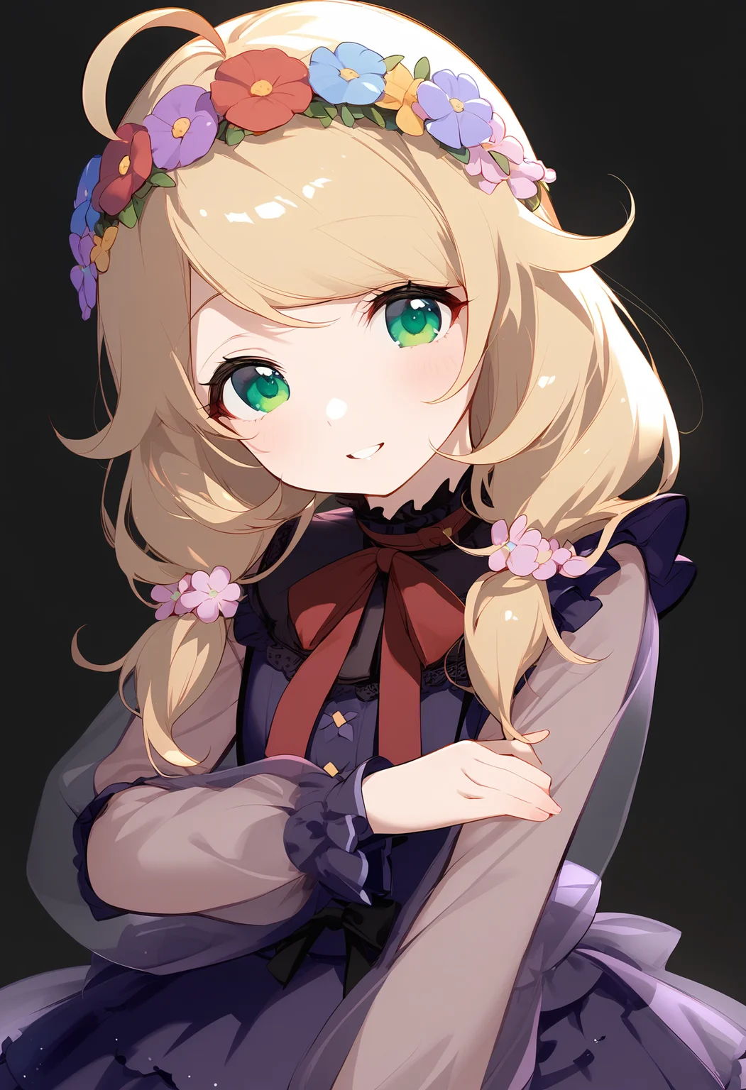 1girl,
yusa kozue,
ahoge, blush, flower wreath, neck ribbon, purple sleeves, solo, see-through, hand on own arm, hair flower, lolita fashion, long sleeves, red ribbon, simple background, looking at viewer, bow, flower, ribbon, light blush, smile, green eyes, short twintails, medium hair, black bow, purple dress, blonde hair, dress, black background, frilled sleeves, parted lips, head tilt, hair ornament, see-through sleeves, frills, twintails,
sfw
<lora:a31_char_new_yusa_kozue-000010:1> <lora:a31_style_koni-000010:0.8>