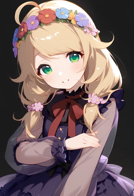 1girl,
yusa kozue,
ahoge, blush, flower wreath, neck ribbon, purple sleeves, solo, see-through, hand on own arm, hair flower, lolita fashion, long sleeves, red ribbon, simple background, looking at viewer, bow, flower, ribbon, light blush, smile, green eyes, short twintails, medium hair, black bow, purple dress, blonde hair, dress, black background, frilled sleeves, parted lips, head tilt, hair ornament, see-through sleeves, frills, twintails,
sfw
<lora:a31_char_new_yusa_kozue-000010:1> <lora:a31_style_koni-000010:0.8>