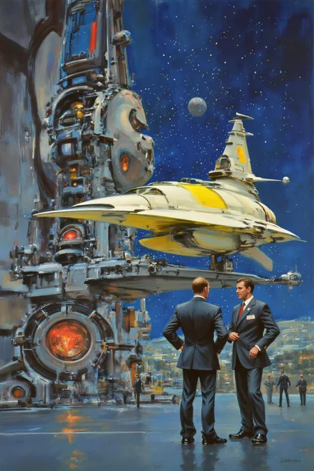 jober1 illustration.
sydme1 painting
a futuristic spaceport or hangar, likely from a science fiction setting. The scene is set in a high-tech, industrial environment with metallic surfaces and advanced machinery. The foreground features a sleek, yellow and white jet aircraft on a raised platform, flanked by two men in dark business suits, standing and discussing. The jet has a sleek, aerodynamic design with a cockpit and wings, suggesting it's a high-performance craft. <lora:jober1_cap_d6a3e12:1.0><lora:819136270350516881:0>