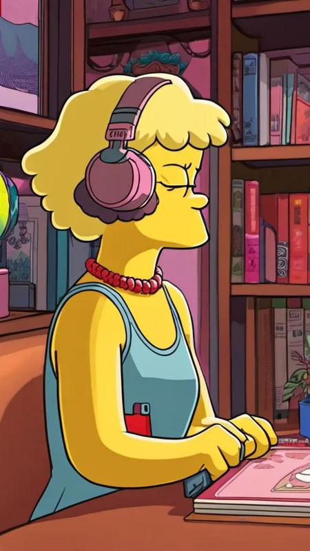 A frame from The Simpsons featuring Lofi girl <lora:SDXL-LofiGirl-Lora:1>, Very detailed, clean, high quality, sharp image