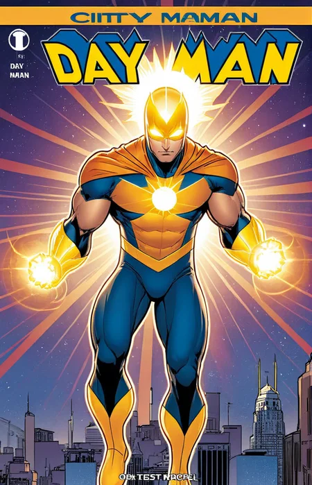 a comic book cover of a hero in a sun costume with glowing powers, city, text " Day-Man ", outline, best quality, masterpiece, <lora:cbcmkrsdxl:1>, cbcmkrsdxl, comics logo